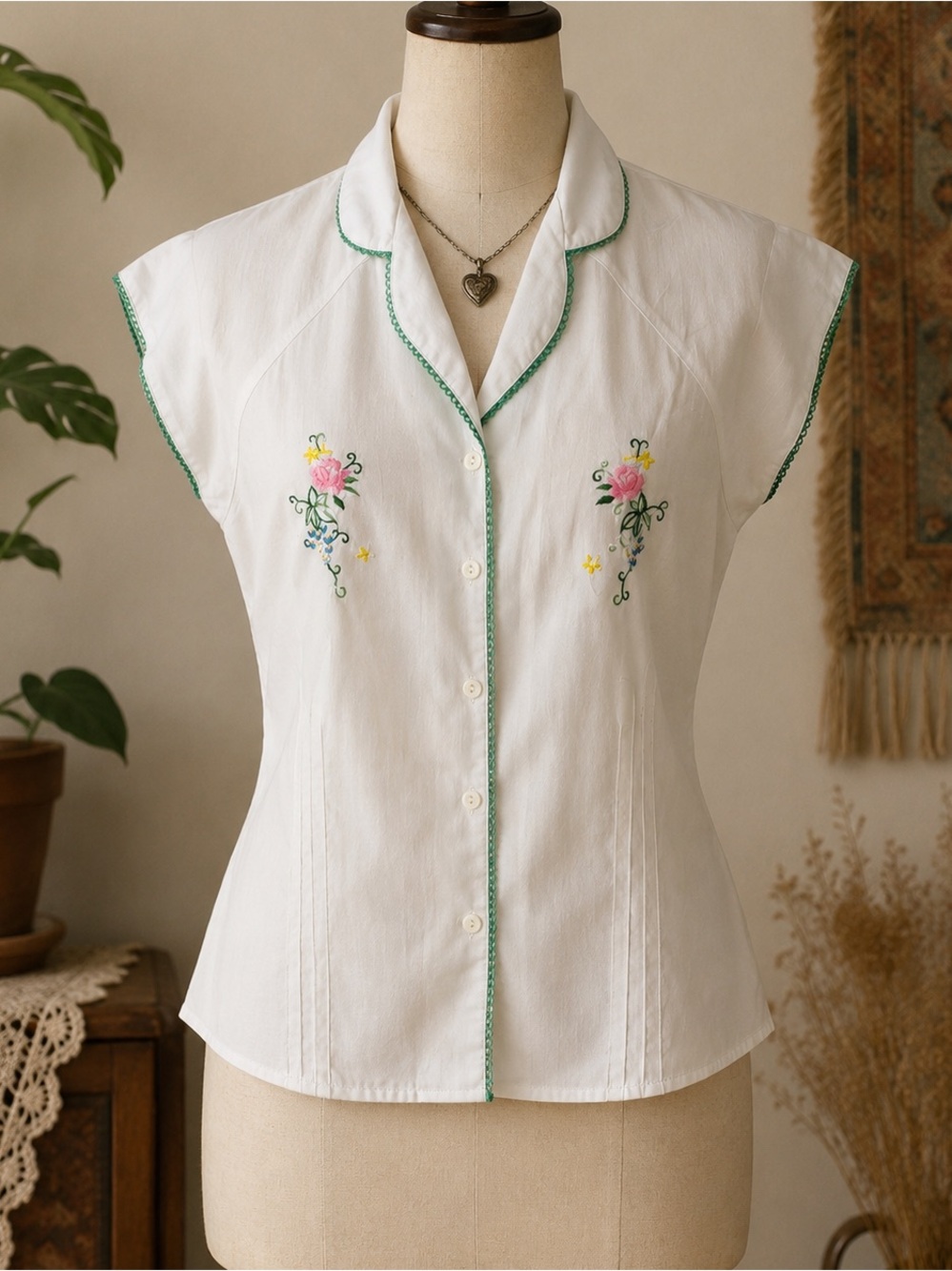 Vintage 70s Embroidered Floral Blouse White Cap Sleeve Cottagecore Shirt Medium